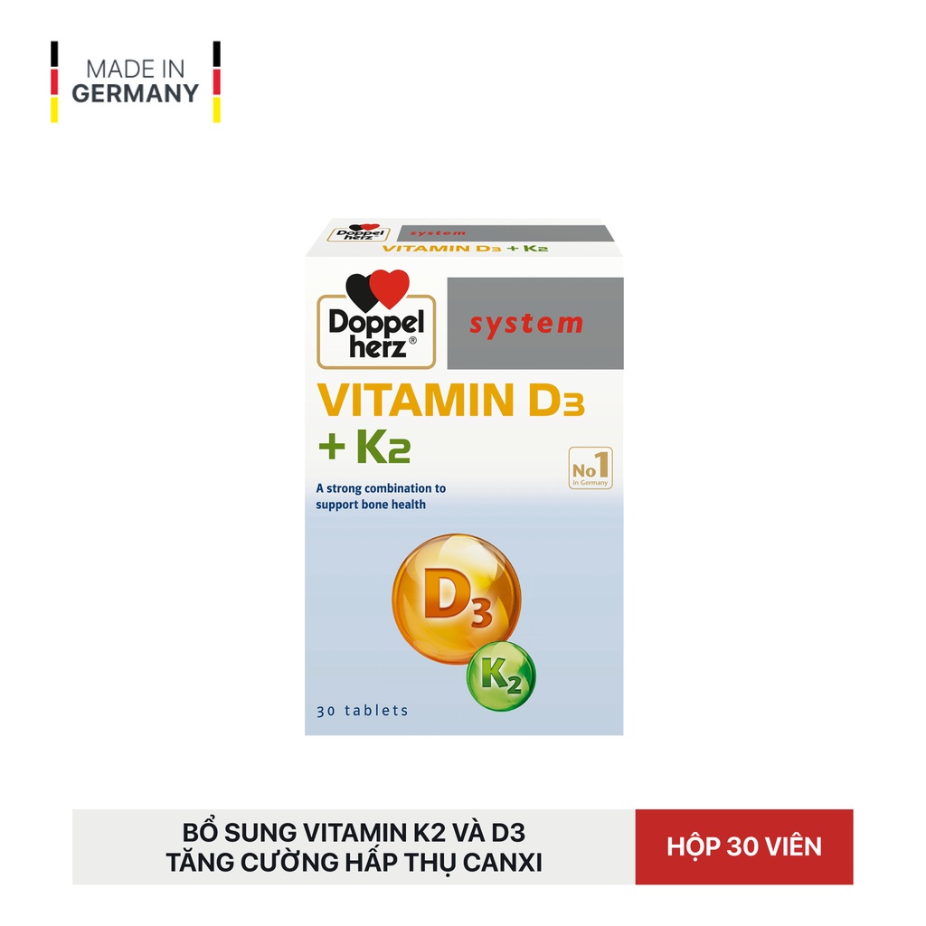 Viên Uống Vitamin D3 Doppelherz Vitamin D3 + K2 Giúp Tăng Cường Hấp Thu Canxi &amp; Giảm Nguy Cơ Loãng Xương (Hộp 30 viên)