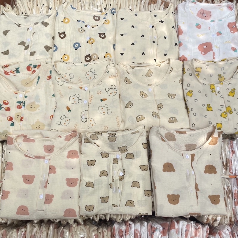 Q1 Set đồ ngủ dài tay viền bèo/cổ trụ chất đũi xốp hoạ tiết đáng yêu Quinnie Store