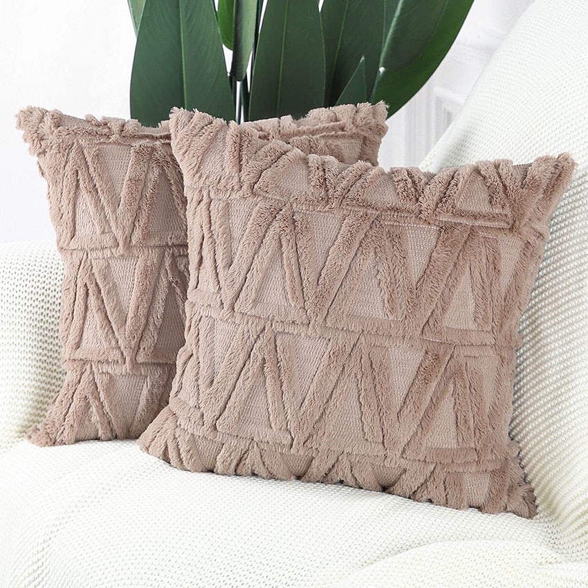 Vỏ Gối Đệm Sofa Phủ Lông Mềm Mại Họa Tiết Hình Học 3D Màu Trơn Trang Trí Nhà Cửa
