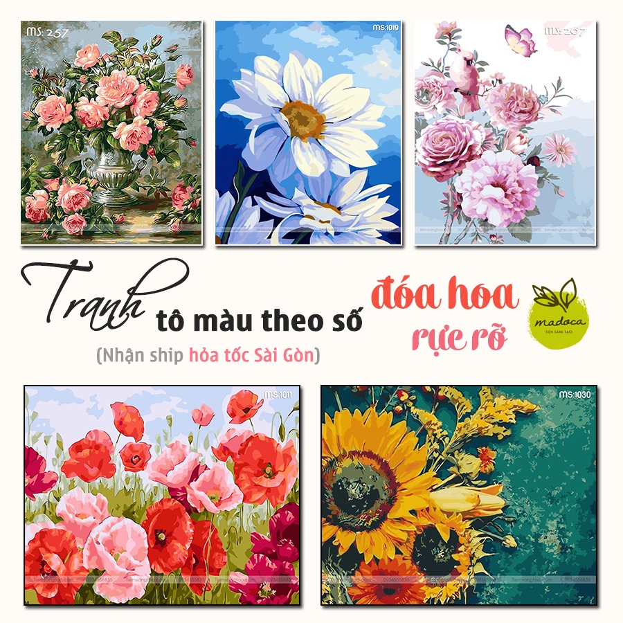 Tranh sơn dầu số hóa tự tô, Tranh tô màu theo số Madoca Đóa Hoa Rực Rỡ (có khung 40x50)