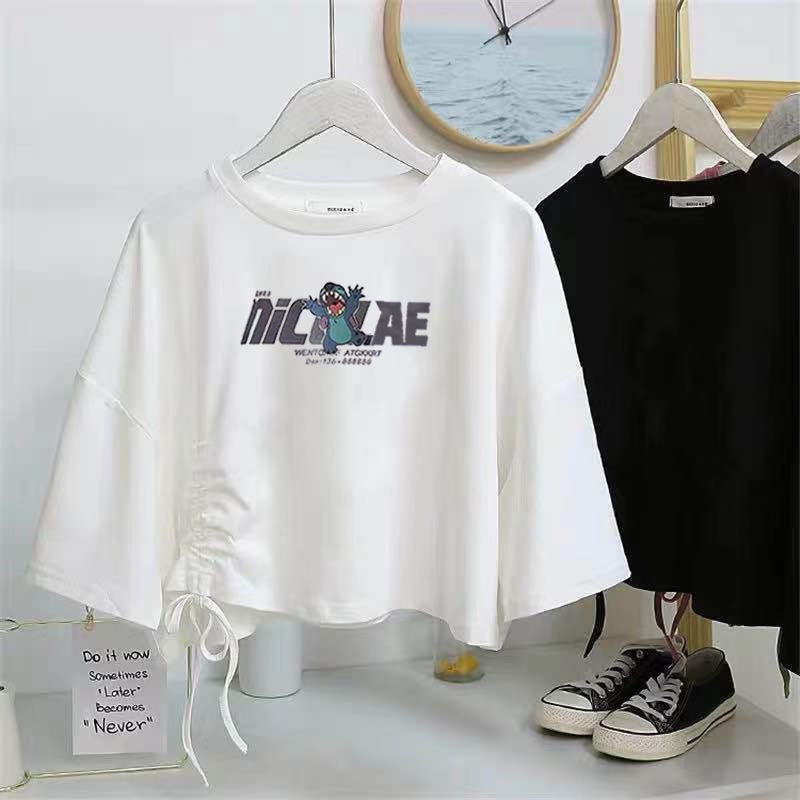 Áo Thun Tay Ngắn Dáng Rộng Phối Dây Rút Phong Cách Hàn Quốc Thời Trang Mùa Hè Cá Tính