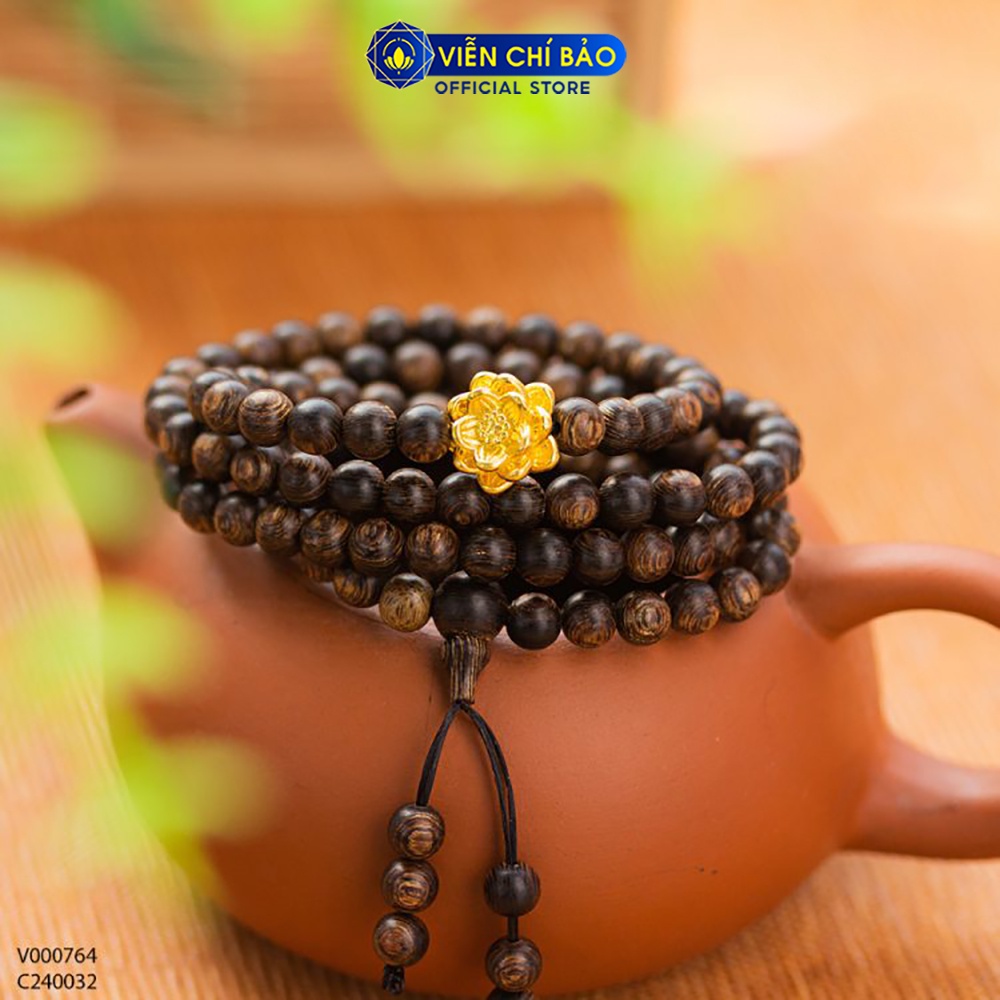 Vòng tay Trầm hương sánh chìm 108 hạt mix Charm sen vàng 24K phụ kiện trang sức Viễn Chí Bảo V000850