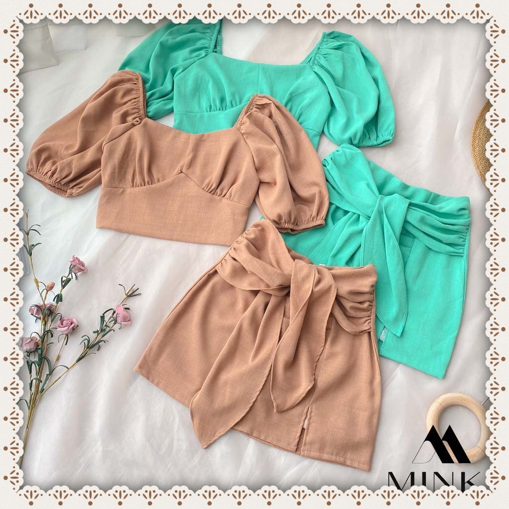 [HÀNG THIẾT KẾ] Set Áo CropTop + Chân Váy Zip Cột Nơ - Chất Liệu Kaki Thun Nhập Nhẩu - Màu Xanh Ngọc/ Nâu Tây | BigBuy360 - bigbuy360.vn