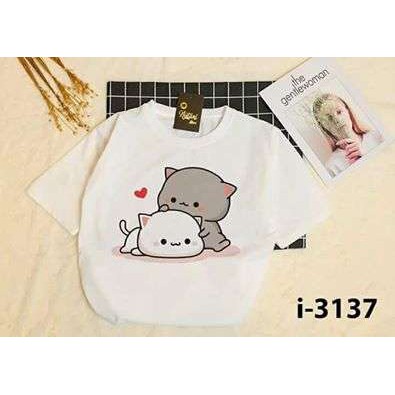 Áo Thun Nam Nữ Tay Lỡ Unisex Phông Trơn Oversize Form Rộng Basic Tee Hình 2 chú mèo ôm nhau cute