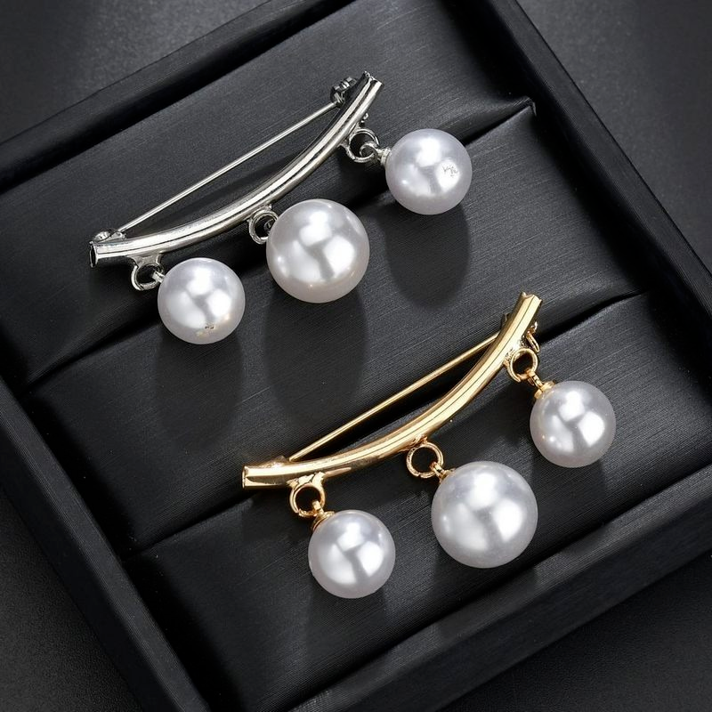 Retro Gold Silver Color One-line Geometry Artificial Pearl Brooch/ Female Elegant Lapel Alloy Pin Jewelry Accessories