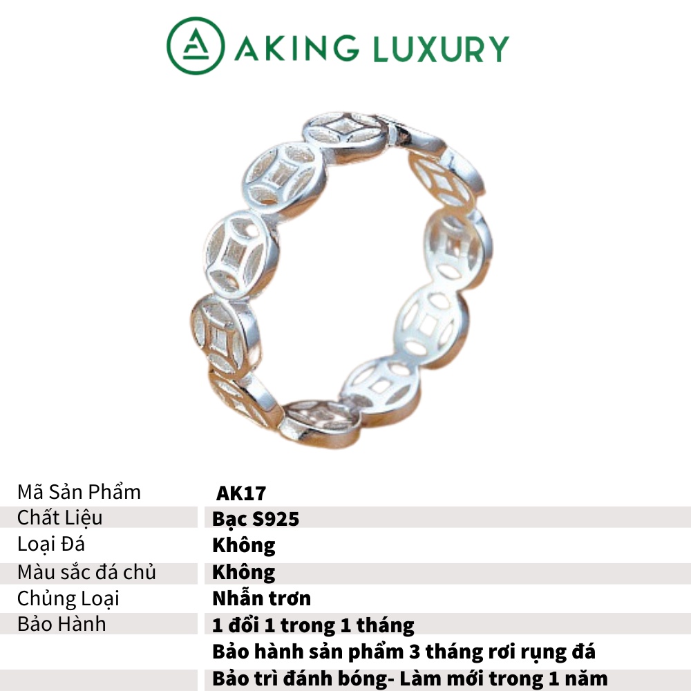 Nhẫn bạc AKING LUXURY AK17 cao cấp, nhẫn bạc nữ kim tiền mang đến sự tài lộc, phong thủy. Bộ sưu tập nhẫn trơn 2021