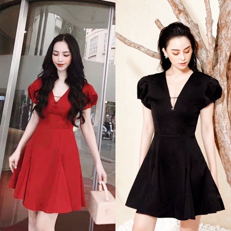 Đầm tay bồng chíp tùng cổ V