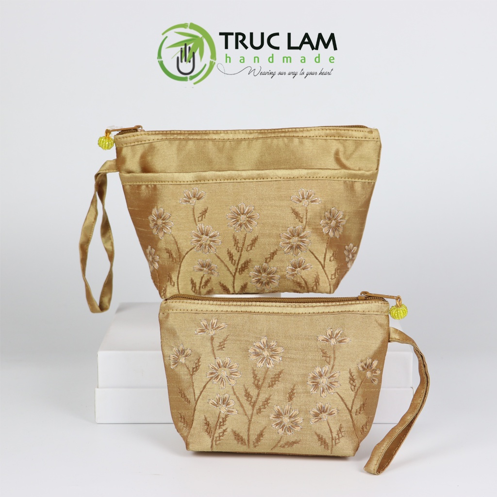 Ví Cầm Tay Nữ Vải Tafta Họa Tiết Hoa Cỏ Kim Tuyến Thêu Tay Set 2 Chiếc Thêu 2 Mặt - Trúc Lâm Handmade