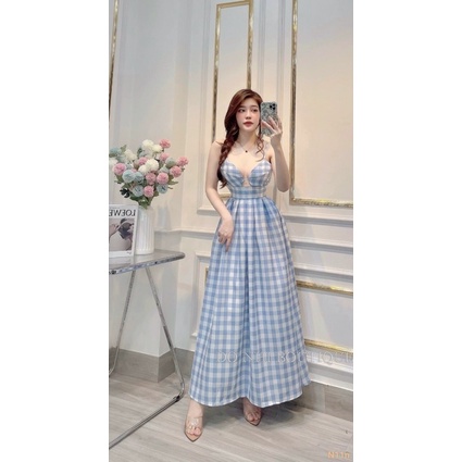 Đầm maxi caro hai dây khoét ngực thắt nơ lưng có mút ngực