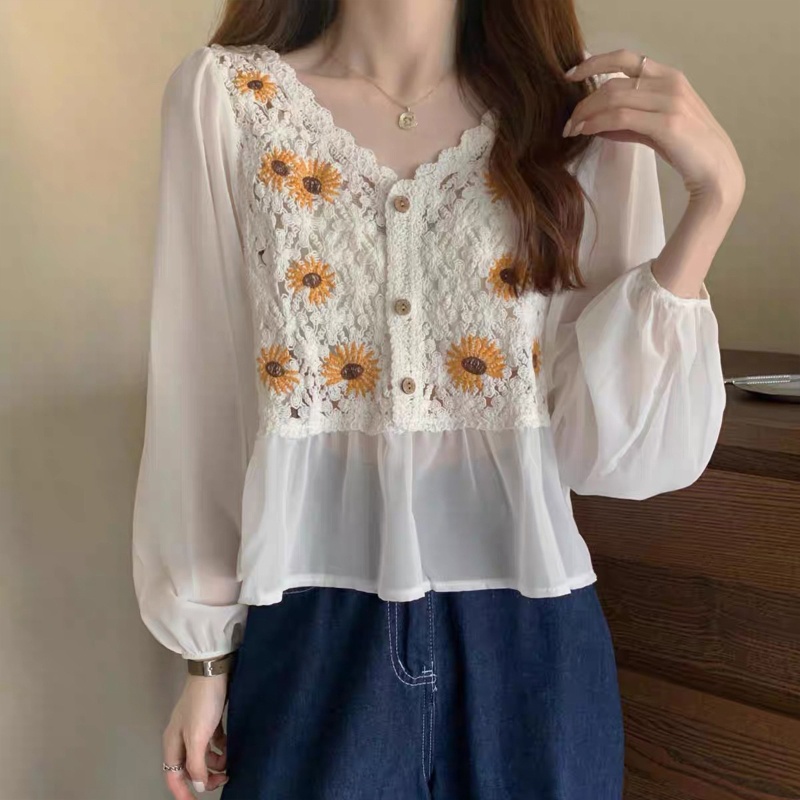 Áo Sơ Mi Tay Dài Phồng Thêu Hoa Phong Cách Pháp Ngọt Ngào Cho Nữ