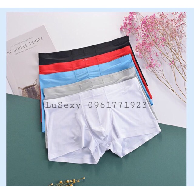 Quần lót nam thun lạnh nhật bản, Quần boxer sịp nam cao cấp không đường may viền lụa sữa màu trắng đen đỏ có bigsize