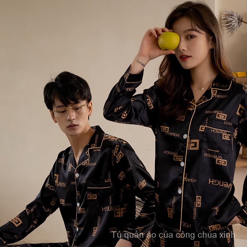 Bộ đồ ngủ tay dài vải lụa mỏng màu đen thời trang sang trọng cho cặp đôi