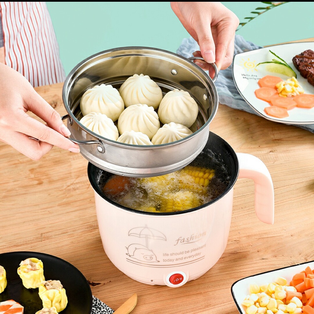 Ca Nấu Mì, Nấu Cơm Đa Năng Có Tay Cầm 1,8L - Nồi Lẩu Điện Mini Kèm Giá Hấp Inox, Ca Mỳ Đa Năng.