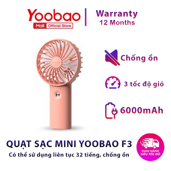 Quạt mini YOOBAO cầm tay mã F3 dung lượng 6000mAh- 3 tốc độ gió - Chính Hãng - Bảo hành 12 tháng