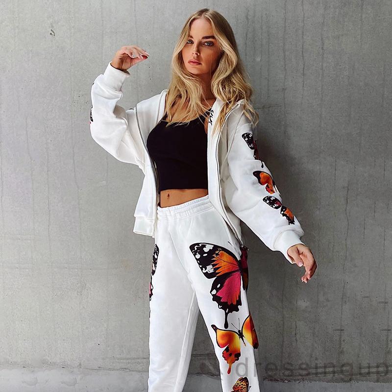Set Áo Hoodie Tay Dài Hoạ Tiết Bướm + Quần Dài Phong Cách Thể Thao