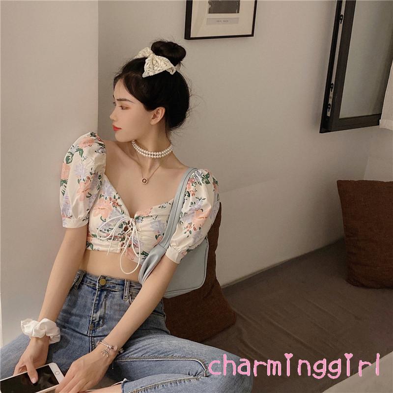 Áo kiểu dáng ngắn cổ chữ V thiết kế rút dây gợi cảm họa tiết ren hoa cho nữ