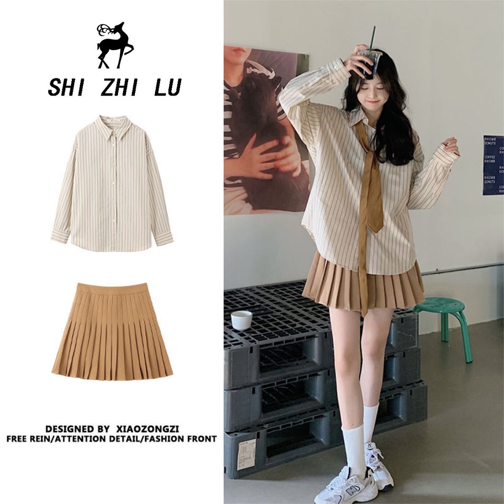Set Áo Sơ Mi Kẻ Sọc Và Chân Váy Xếp Ly Thời Trang Xuân Hè Trẻ Trung Cho Nữ