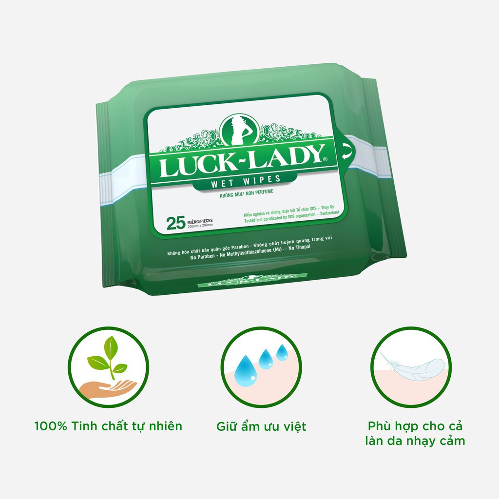 Khăn ướt cho da nhạy cảm Luck Lady không mùi 25 tờ/gói - Combo 10 gói