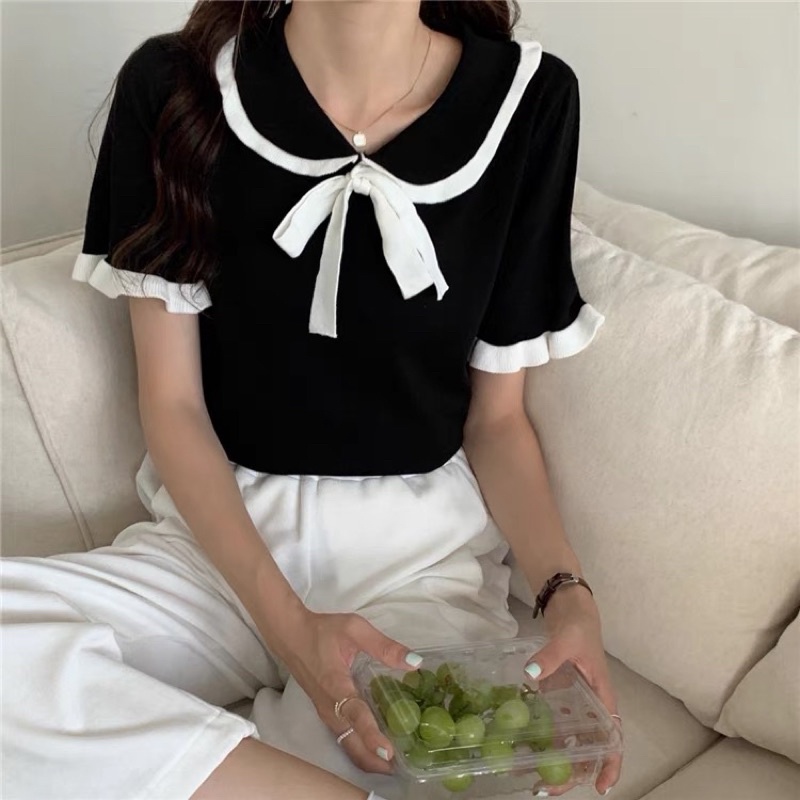 áo len dệt kim cổ lá sen mix nơ (5108#)