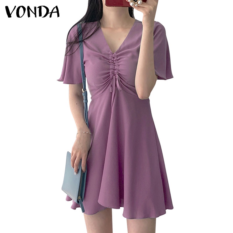 Đầm VONDA dáng chữ A ngắn tay cổ chữ V màu trơn phối dây rút sau lưng thời trang Hàn Quốc