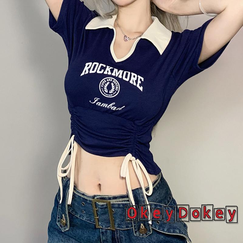 Áo Thun Crop Top Cổ Chữ V In Chữ Phối Dây Rút Thời Trang Cho Nữ