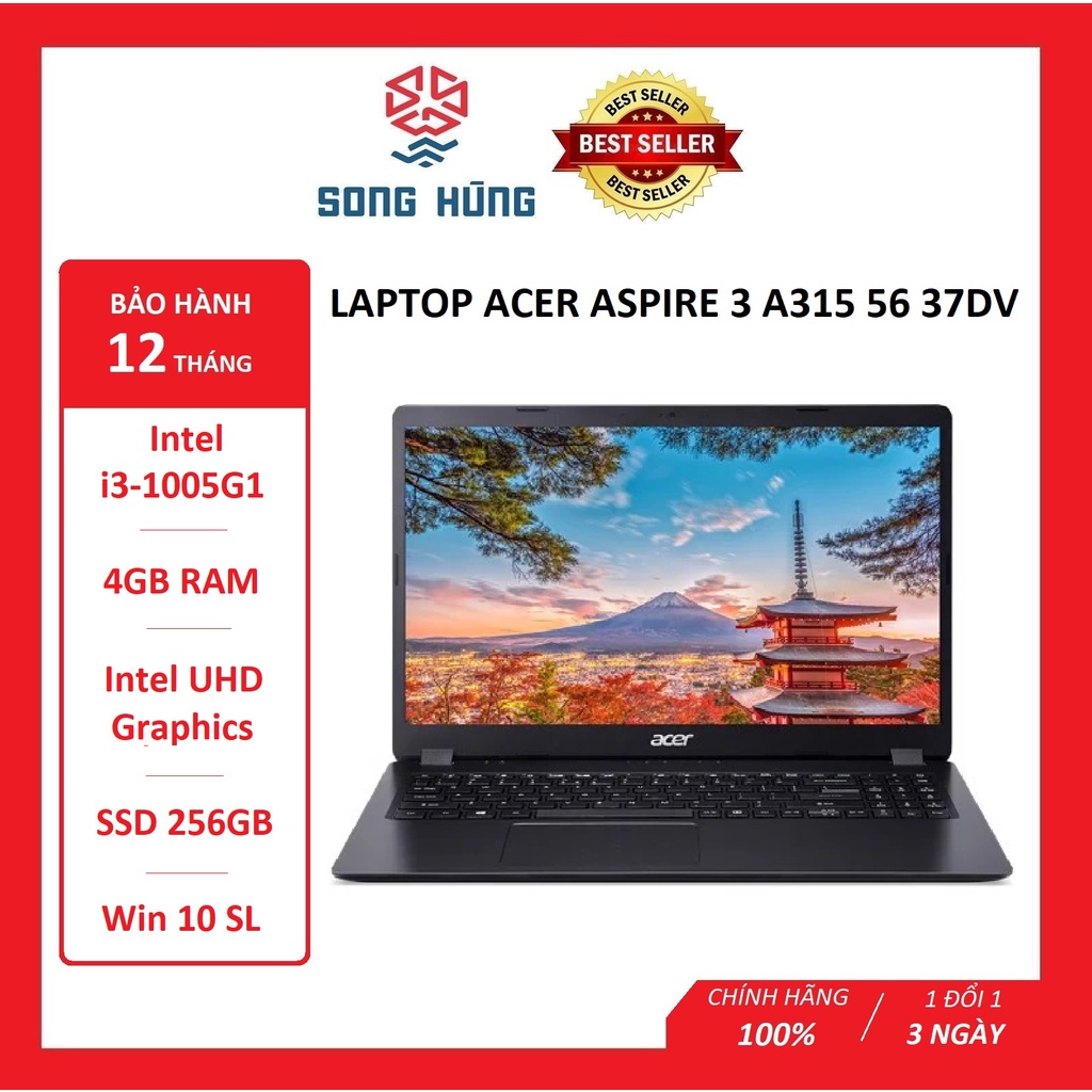 Laptop Acer Aspire 3 A315-56-37DV (i3 1005G1/4GB RAM/256GB SSD/15.6 inch FHD/Win 10/Đen)-HÀNG CHÍNH HÃNG - BẢO HÀNH 12TH