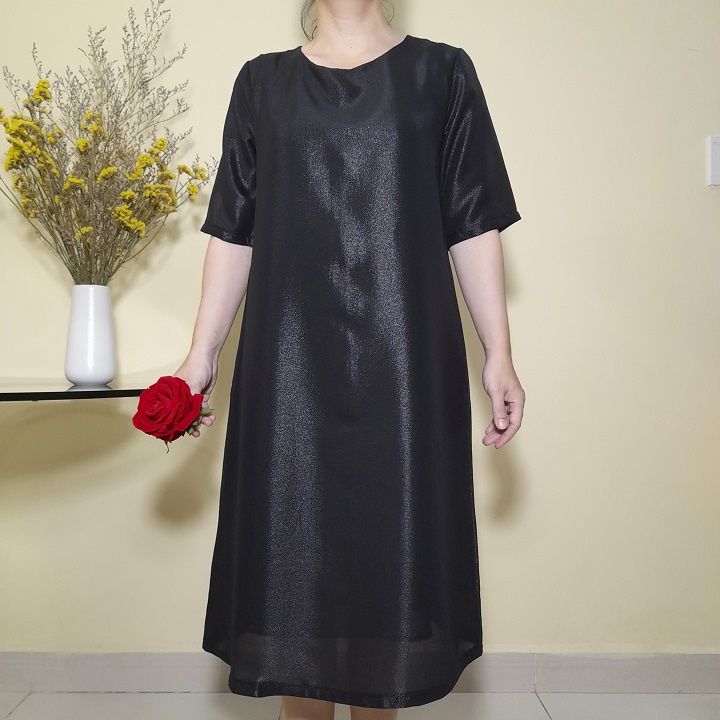 Váy Đầm Trung Niên Vẽ Tay - Dáng Suông A Che Bụng - Vải Voan Tơ Nhũ -Size 48kg-90kg
