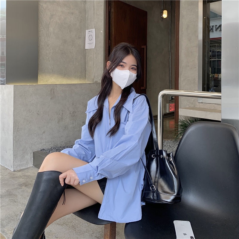 Áo sơ mi trắng dáng rộng phối khóa kéo thời trang mùa thu mới cho nữ