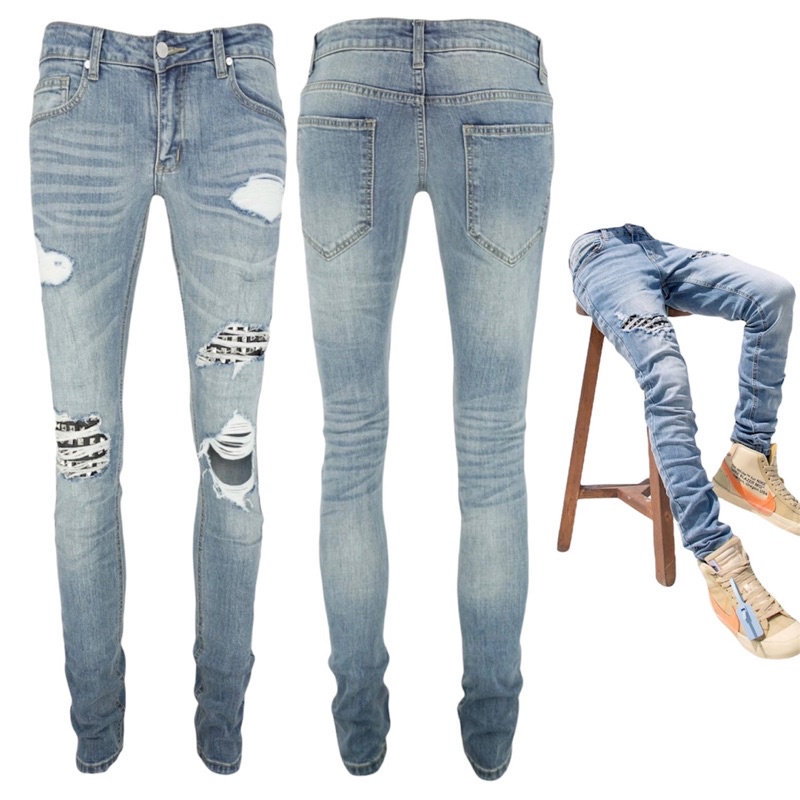 Quần Jeans Nam STREETWEAR Cao Cấp, Quần Bò Rách 5 Lỗ Lớn, Gắn Đinh Màu Xanh Nhạt TLB Vietnam