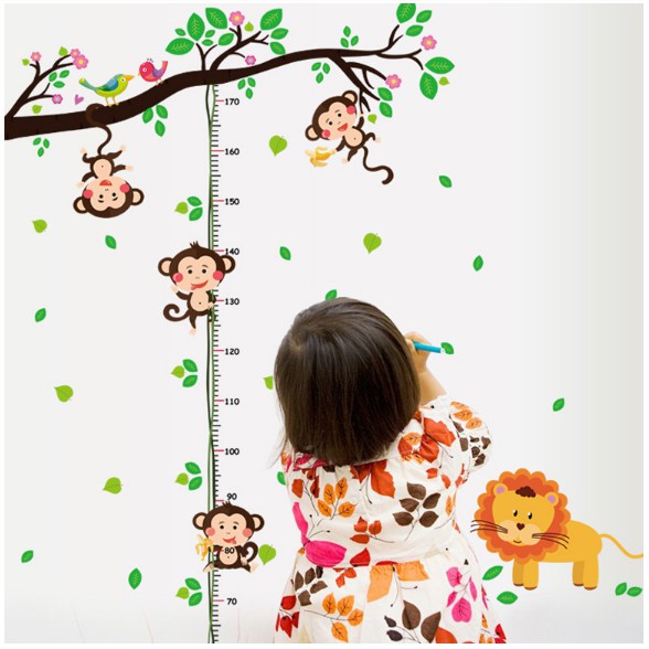 Decal dán tường đo chiều cao hươu cao cổ và 4 chú khỉ 60x 90 cm cho bé