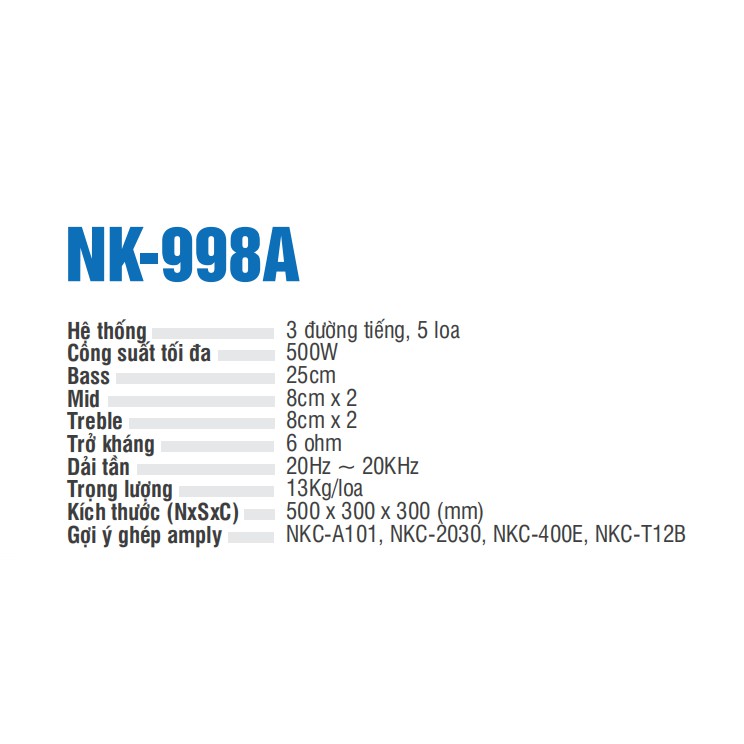 Loa treo NIKOCHI NK-998A - Hệ thống 3 đường tiếng, 5 loa, Công suất tối đa 500W