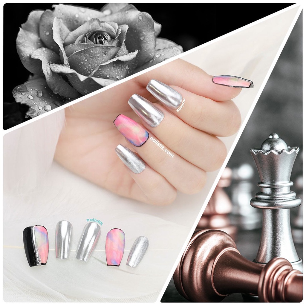 Móng úp thiết kế by NAILSTIK, màu bạc, form móng coffin, dài, 105