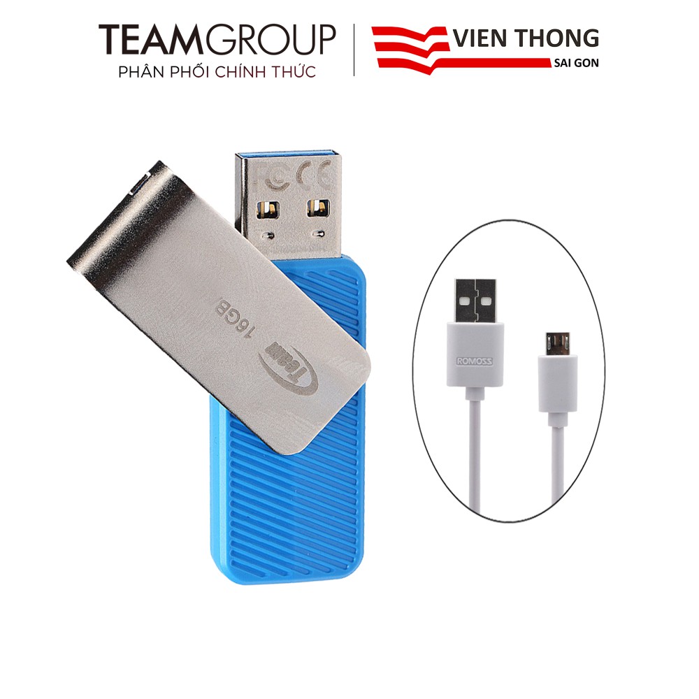 USB 2.0 Team Group C142 16GB Taiwan nắp xoay 360 + Cáp micro USB tròn Romoss - Hãng phân phối chính thức