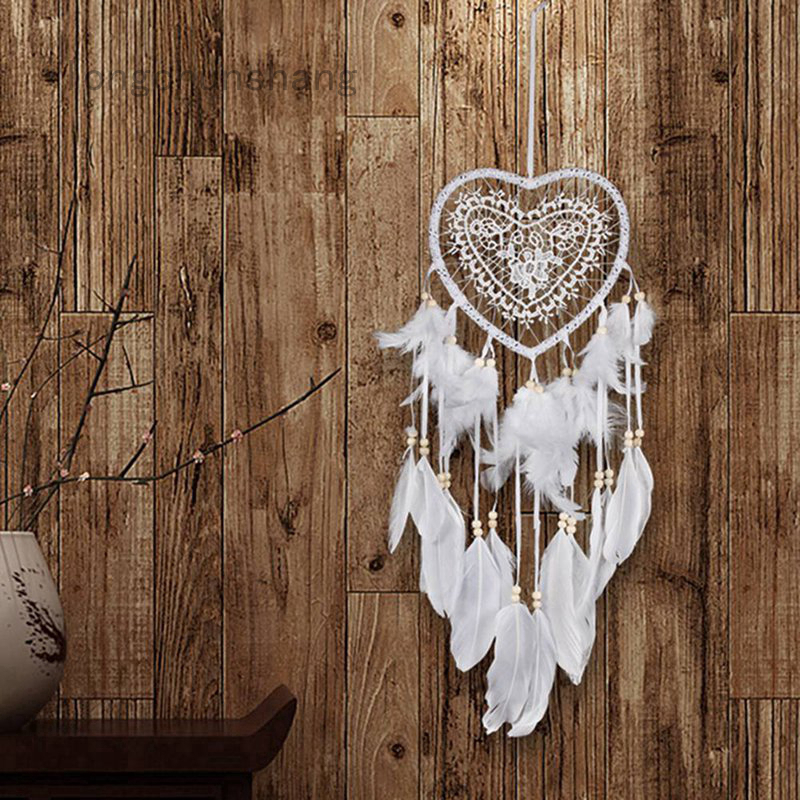 Dreamcatcher đính lông vũ hình trái tim làm thủ công trang trí phong cách Ấn độ