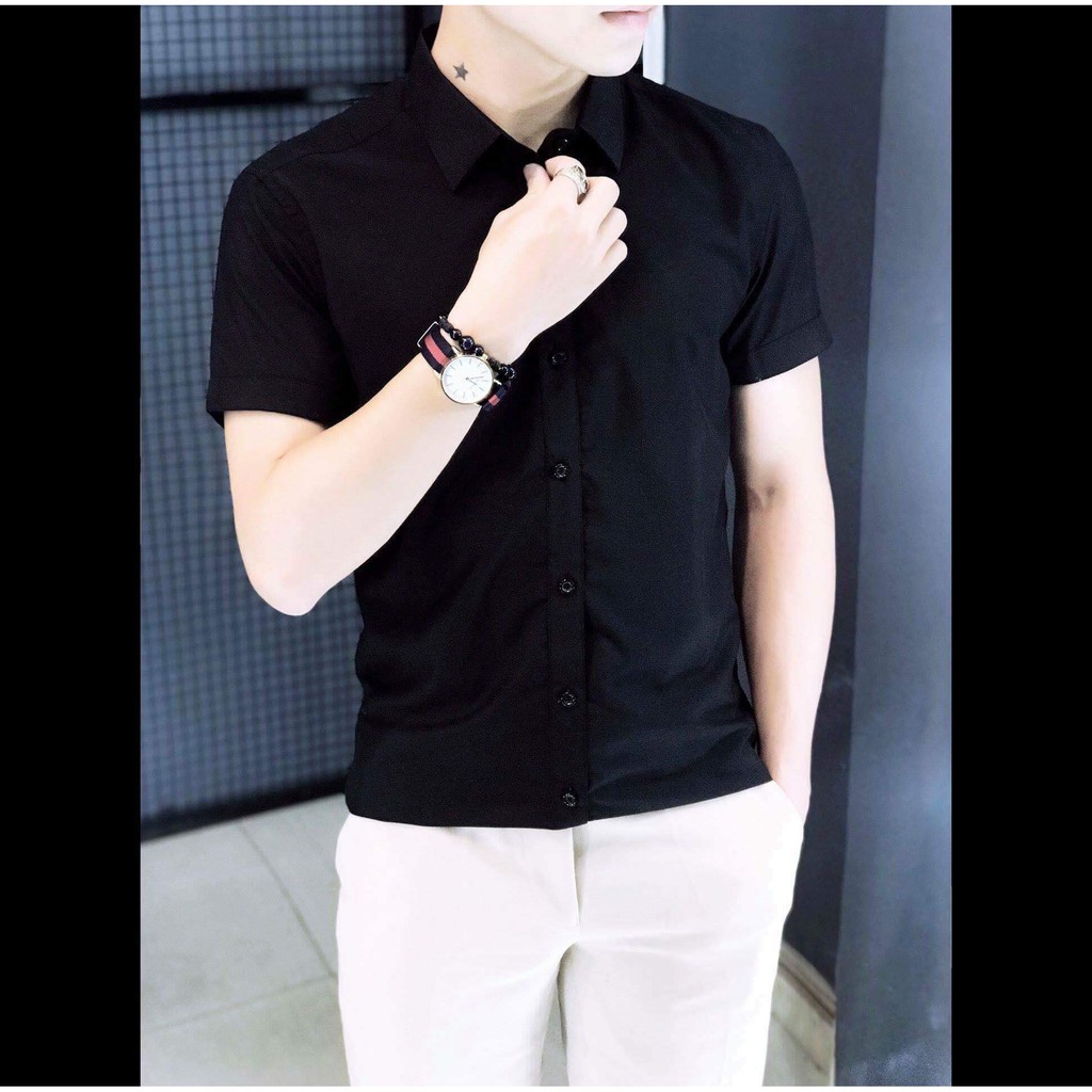 Áo Sơ Mi Đen Cộc Tay