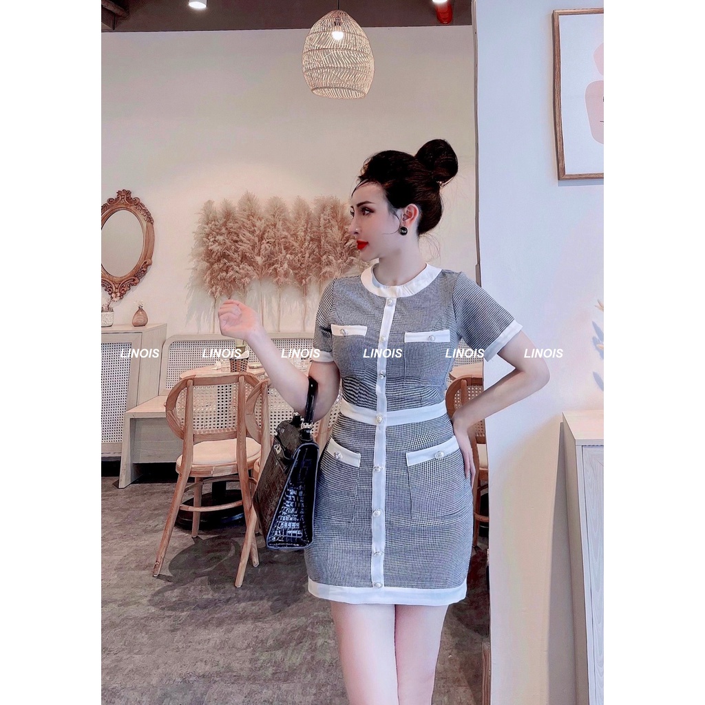 Đầm Body Tay Ngắn Cổ Tròn Đính Khuy Ngọc Họa Tiết Houndstooth - Vải Dạ - Màu Trắng - Cho Nàng Đi Làm, Đi Chơio