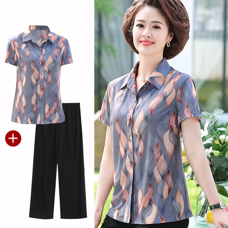 Mẹ trung niên mùa hè áo hai dây ngắn tay 40 tuổi 50 bộ đồ phụ nữ và cao hàng đầu