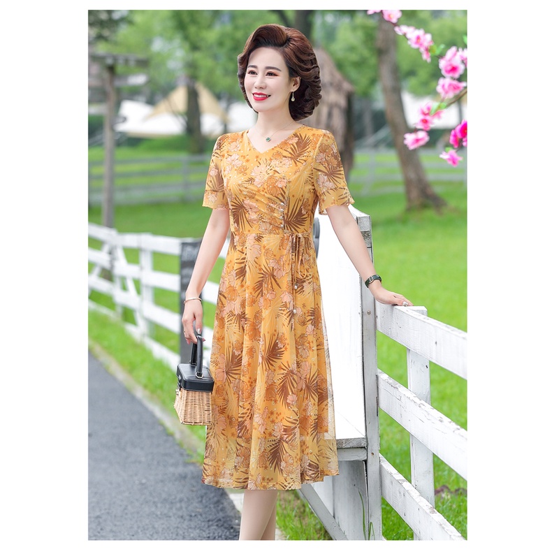 Đầm Tay Ngắn Dáng Rộng Phong Cách Phương Tây Thời Trang Mùa Hè Cho Nữ Trung Niên