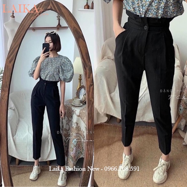 Quần baggy cạp cao bèo công sở xếp ly siêu hot màu Đen vải tuyết mưa dày dặn dáng quần tây nữ công sở đi học lưng cao