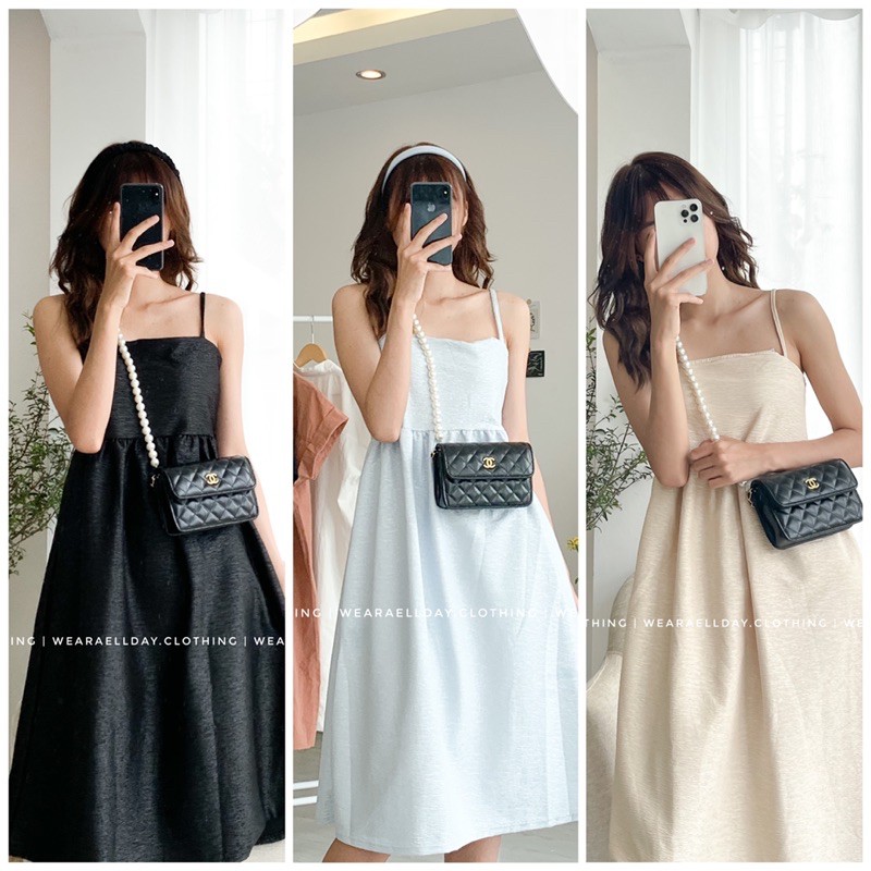 Váy Hai Dây Váy Gấm 2 Dây Dập Nhăn Phồng Cao Cấp