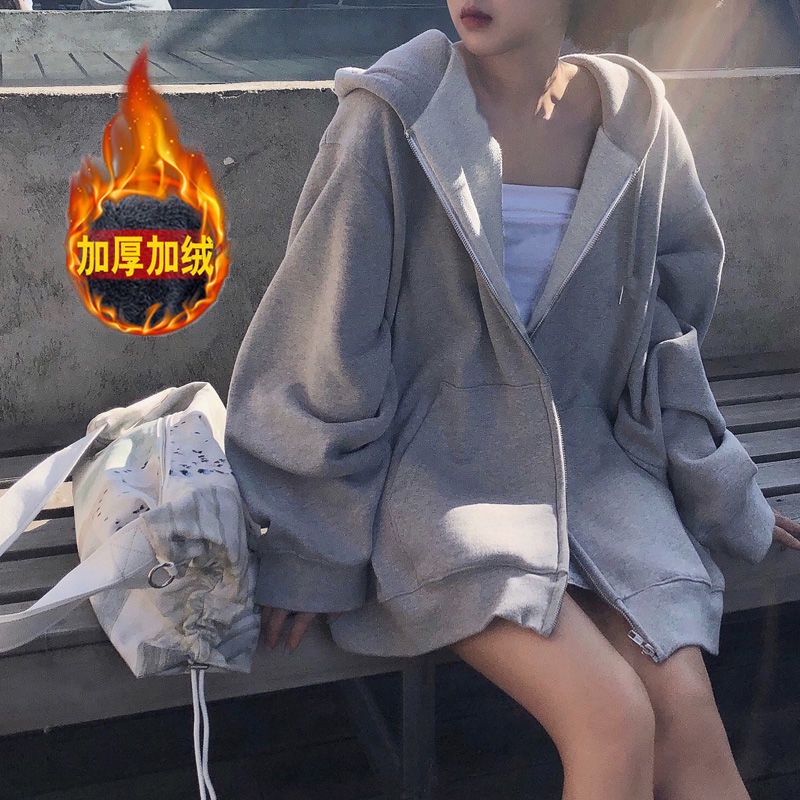 Áo khoác cardigan dày dáng rộng màu xám có nón phong cách Hàn Quốc mới cho nữ