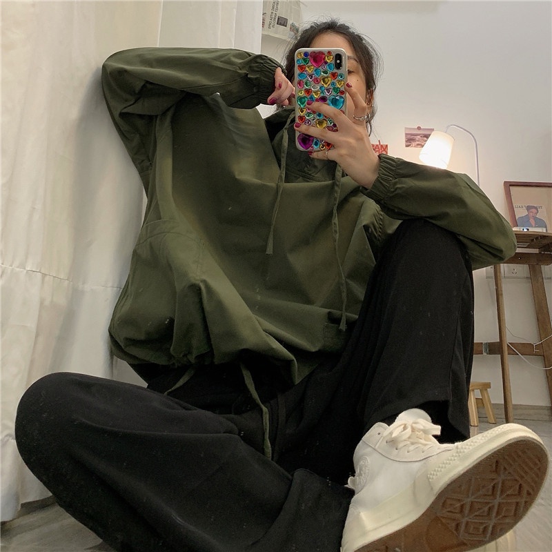 Áo hoodie SUXI tay dài dáng rộng đơn giản phong cách Hàn Quốc
