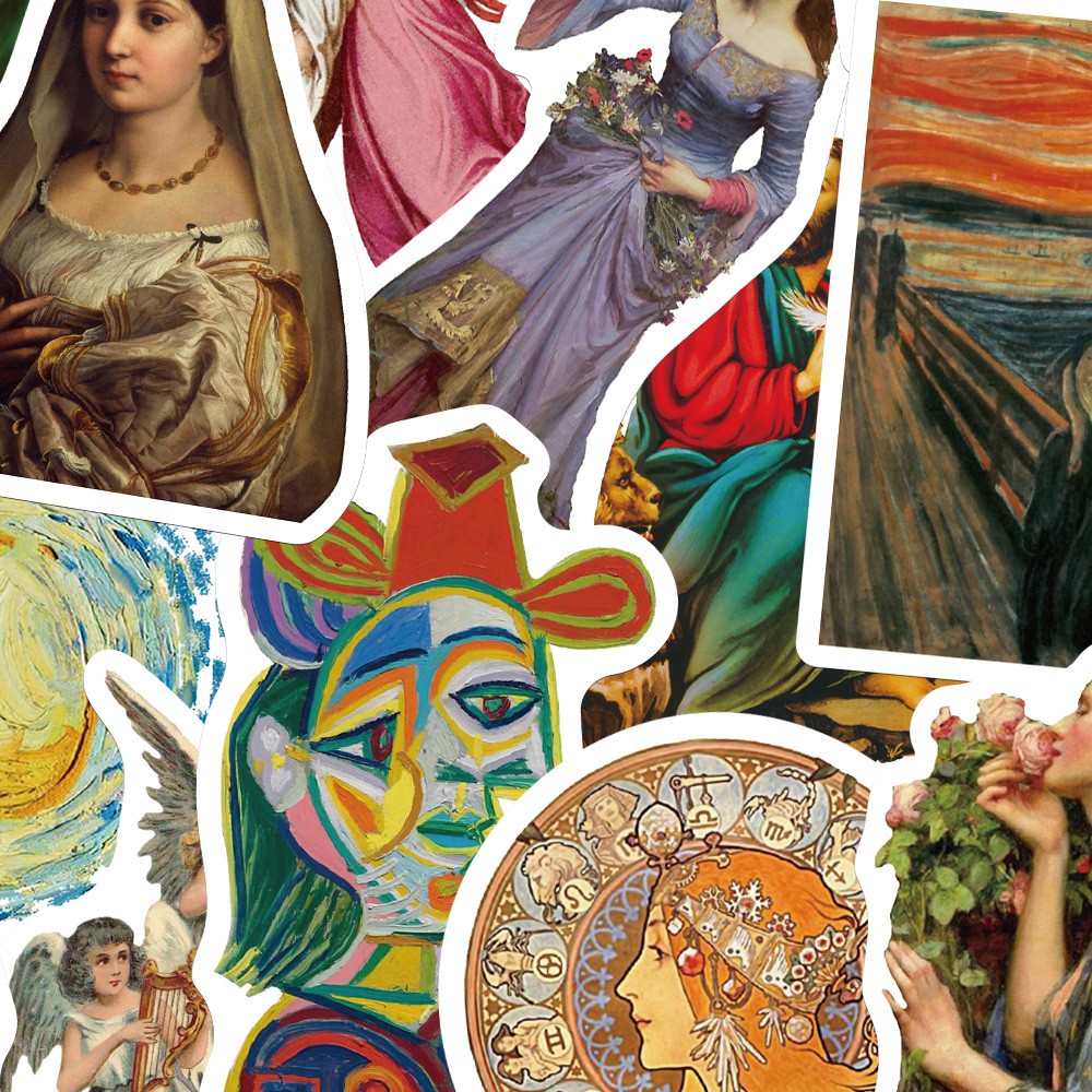 Bộ 50 miếng sticker dán trang trí laptop hình tranh sơn dầu Mona Lisa