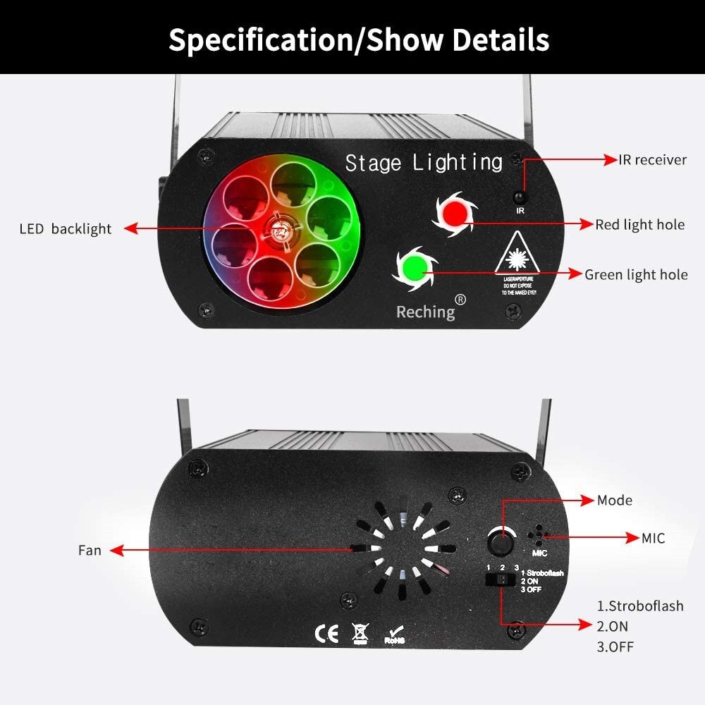 Đèn laser 6 mắt cảm biến theo nhạc ánh sáng laze - Hiệu ứng băng tuyết, trái tim, bông hoa....