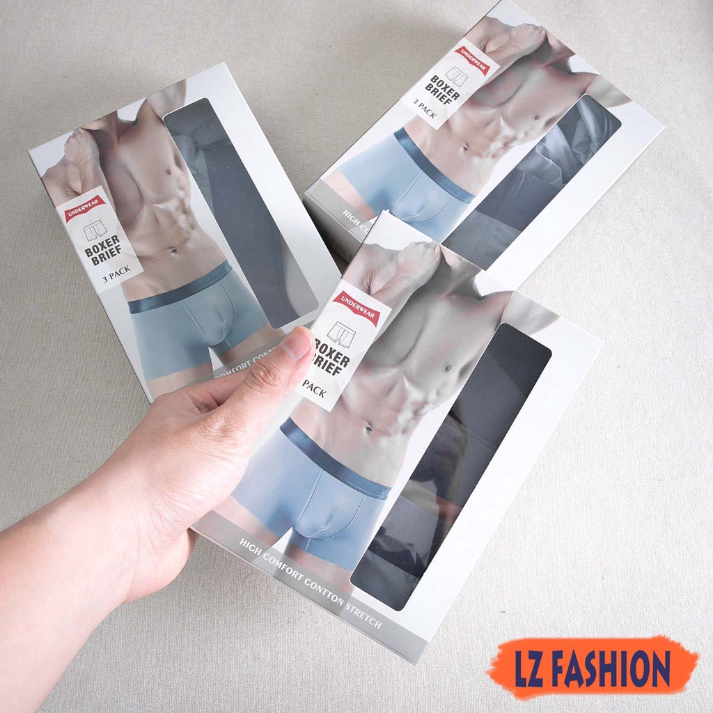 HỘP 3 QUẦN LÓT BOXER NAM TRƠN CHẤT COTTON BO LƯNG THOẢI MÁI, 3 MÀU NGẪU NHIÊN - LZ FASHION - QS015