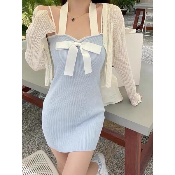 set váy yếm len nơ kèm khoác mỏng (2028#)