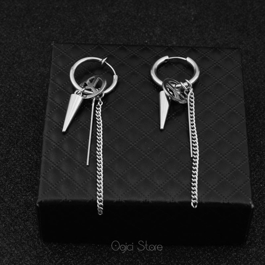 Bông tai, Khuyên tai nam nữ thép không gỉ dáng tròn thả chuỗi dây phối hình học thời trang hàn quốc, Unisex, 1 chiếc