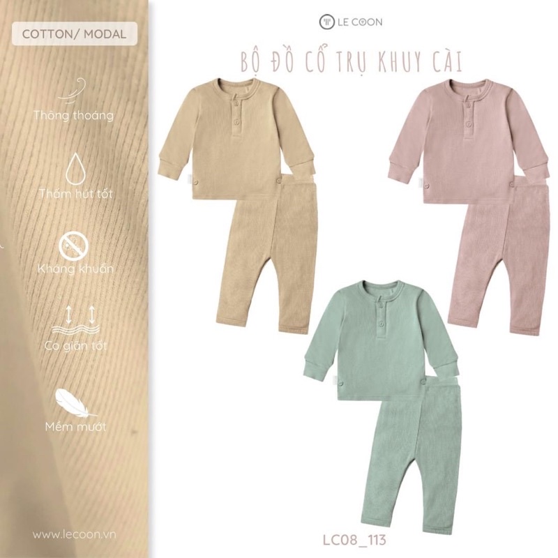 Le coon LC08113 Bộ quần áo dài tay cho bé trai bé gái Lecoon  bộ cổ trụ khuy cài