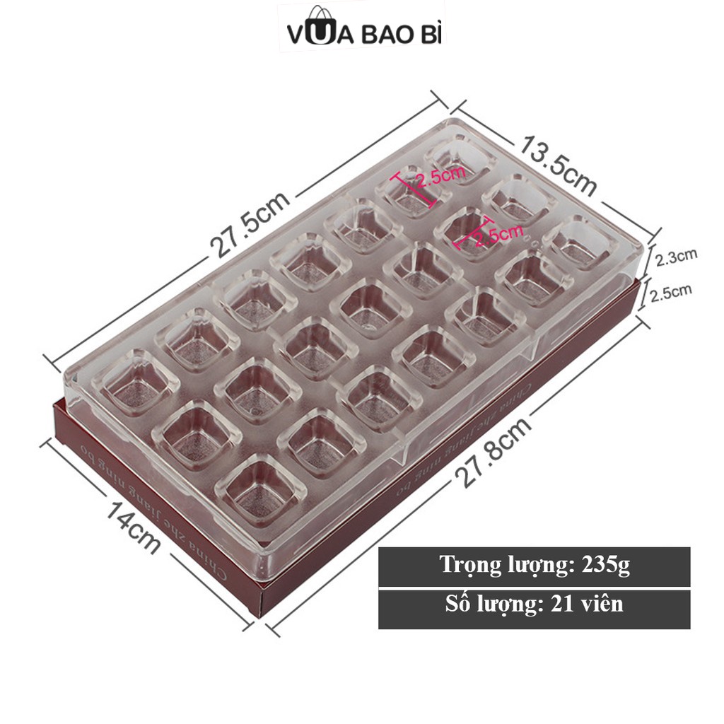 Khuôn socola viên hình vuông 21 viên-Vua Bao Bì, khuôn socola nhựa cứng