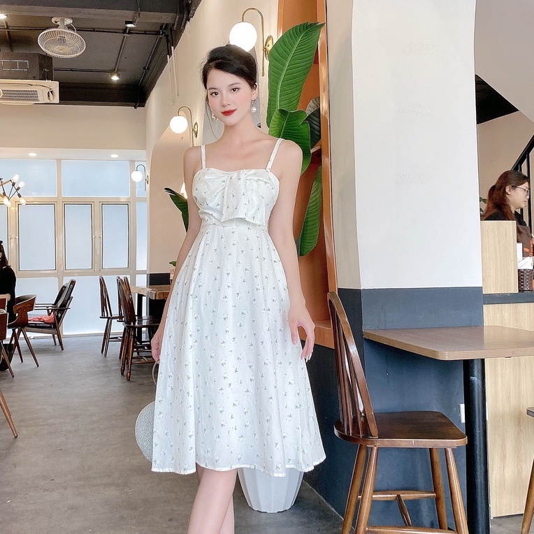 Váy 2 dây hoa ngực nơ V385 KYMIE